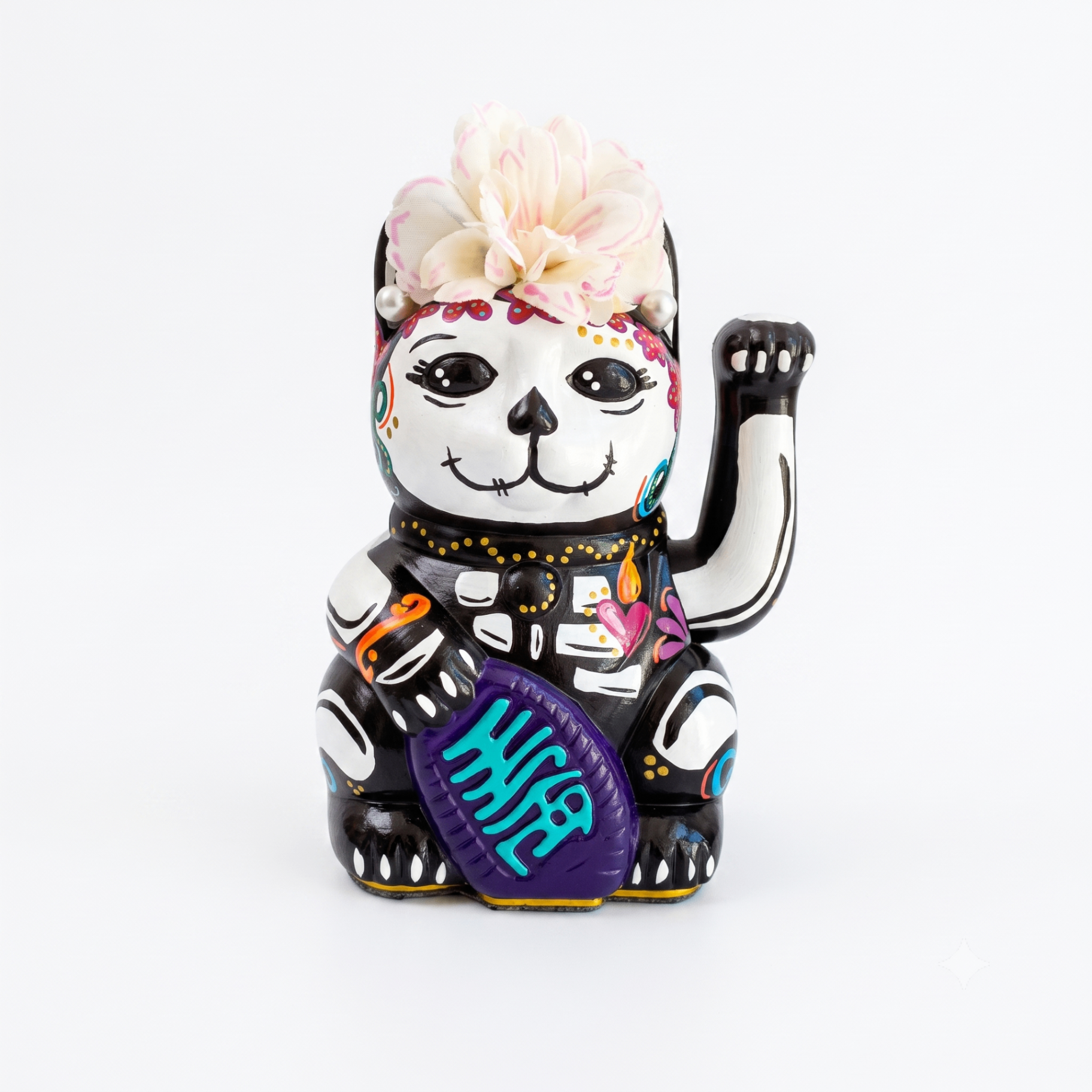 SUGAR SKULL CATRINA — hand-painted Maneki Neko Lucky Cat by Endorphin Art in a styled home setting (view 2)