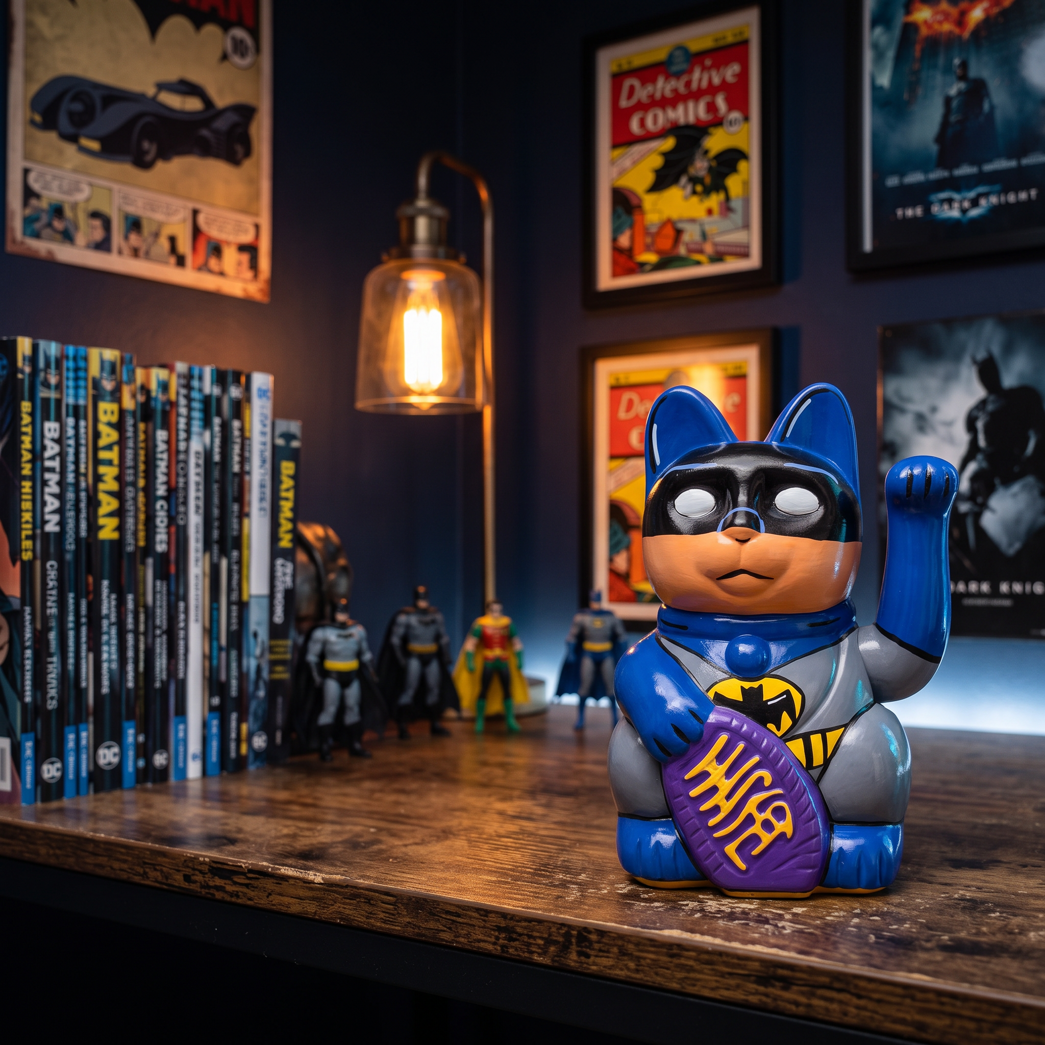 VINTAGE BATMAN — hand-painted Maneki Neko Lucky Cat by Endorphin Art
