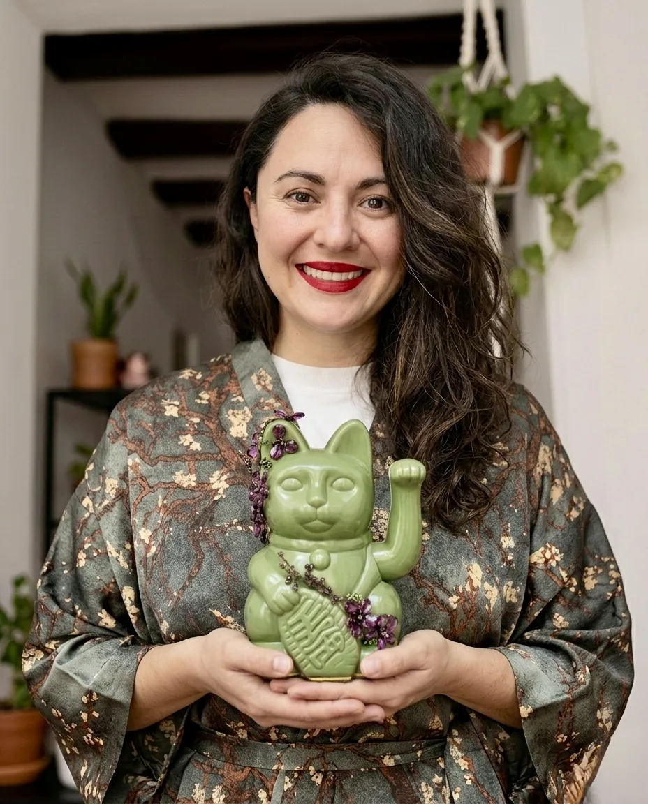 Artist holding a sage-green hand-painted Maneki Neko lucky cat